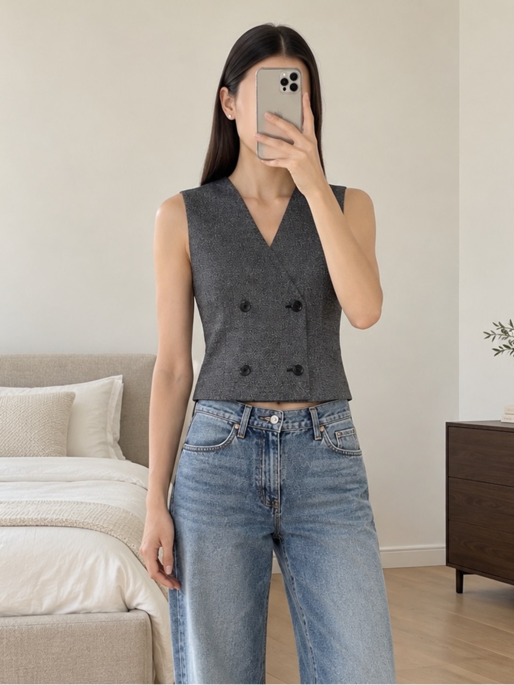 Theory Shrunken Double-Breasted Wool Vest Pepper Multi Gray US 00 NWT